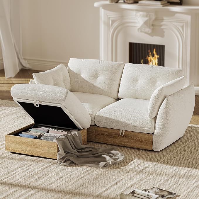 70 L Shaped Sofa Modular Sectional Cloud Couch with Storage Cotton and Linen Fabrics Modern Oversized Deep Seat Sofa with Armrest Pillow Easy Assembly for Living Room Apartment Ivory