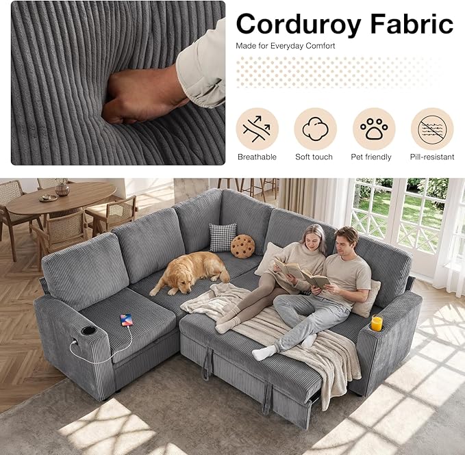 83 Sleeper Couch with Pull Out Sofa Bed 5-Seater Sectional Couches for Living Room L-Shaped Couch with Storage USB Port &amp Cup Holder Corduroy Convertible Corner Sofa for Apartment