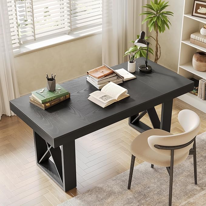 LITTLE TREE 63-Inch Long Computer Desk Simple Wood Thick Appearance Design Study Writing Gaming Work Executive Desk for Home Office Black
