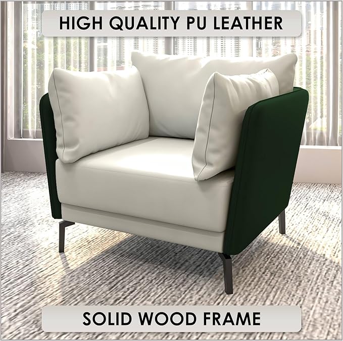 LeisureMod Modern Green Single-Seater Sofa Couch Contemporary Lounge Accent Side Armchair Upholstered in PU Leather with Metal Legs &amp Foam Filled Seat for Living Room Office Bedroom