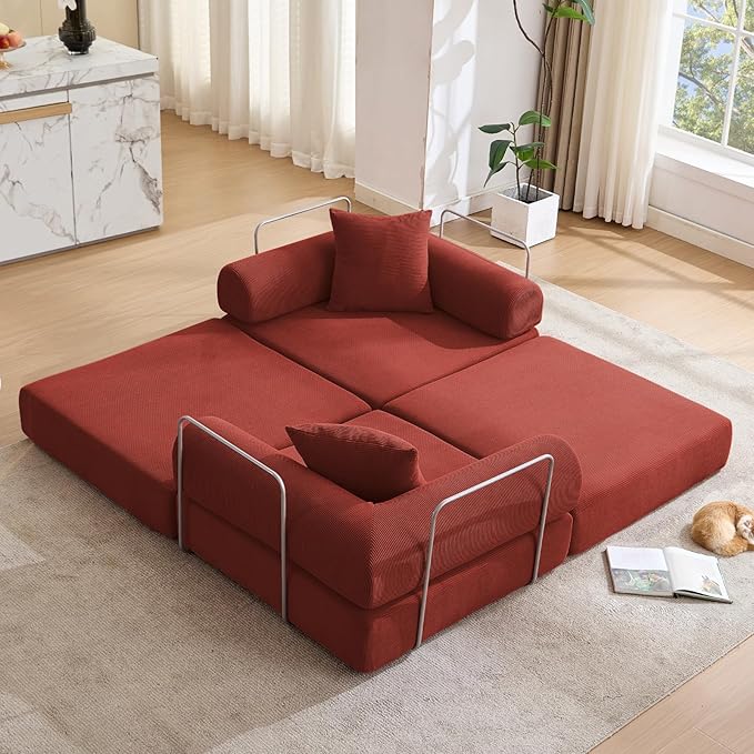 73 Convertible Modular Folding Sofa Bed 5-in-1 DIY Combination Fold Out Sleeper Sofa Bed Loveseat sleeper Couch with Removable Armrests Corduroy Floor Couch Small couches for small spaces Red