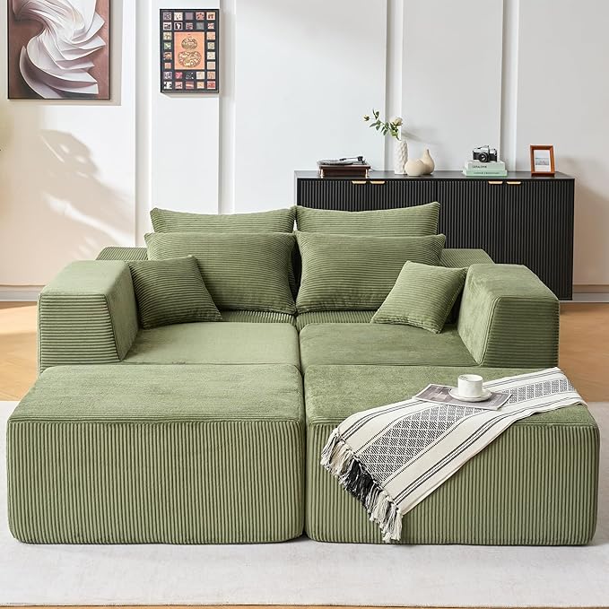 128 Modular Sectional Sleeper Sofa Modern Cloud Sectional Sofa Couch with 2 Ottomans U Shape Boneless Couches for Living Room Free Combination No Assembly RequiredGreen