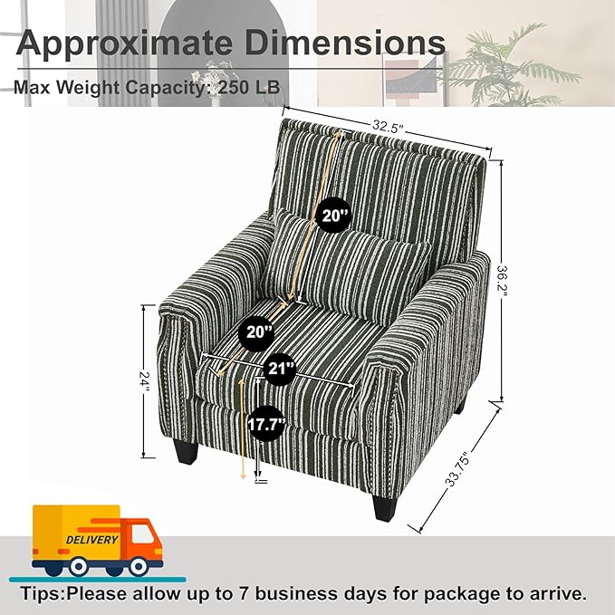Stripes Accent Chair Modern Upholstered Boucle Fabric Armchair Single Sofa with Wood Legs for Living Room Patio Green Stripes.