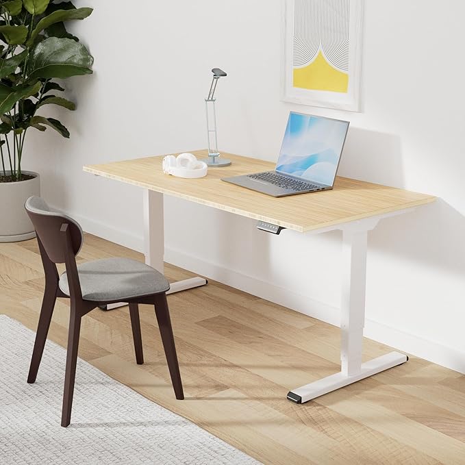 SANODESK 55 Inch 3 Stage Bamboo Electric Standing Desk Dual Motor Height Adjustable Desk Whole-Piece Desktop Sit to Stand Home Office Desk (White Frame/ 55” x 28” Natural Bamboo Top)
