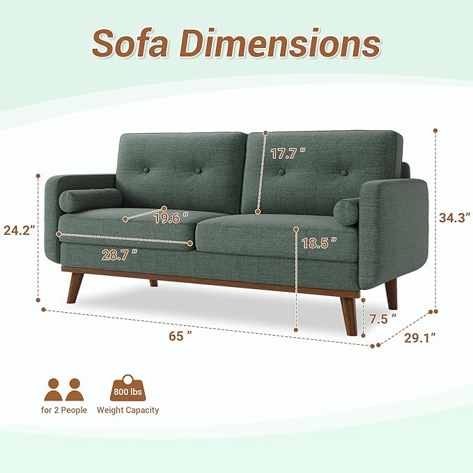 GarveeHome 65 in Loveseat Sofa Mid Century Modern Couch Comfy Love Seat Couches for Living Room 2 Seater Deep Seat Sofa Upholstered Couches for Bedroom Office Small Space Linen Green