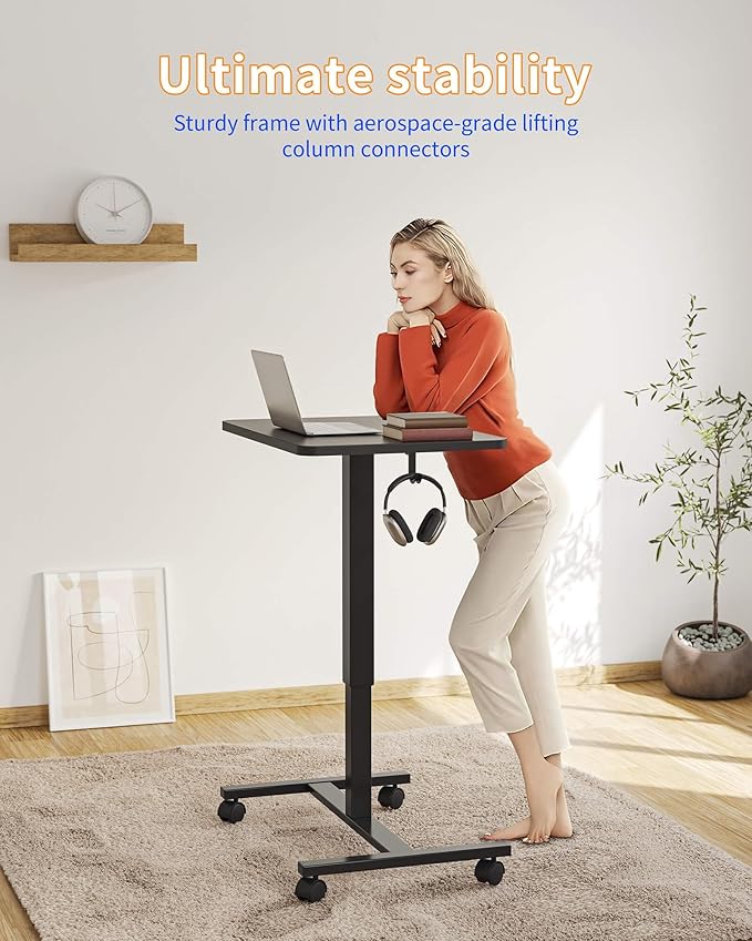 YIHAYO Mobile Small Standing Desk 24 x 16 Inches Adjustable Height Portable Rolling Laptop Desk with Lockable Wheels Computer Workstation for Home Office with Hook Black