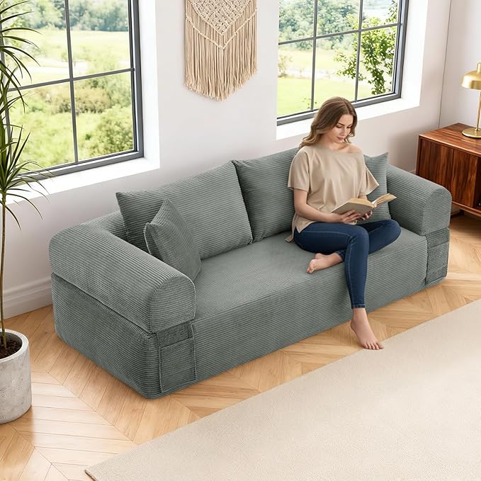 3 Seater Sofa Couch for Living Room (Light Grey 38 D + 4 Pillows)