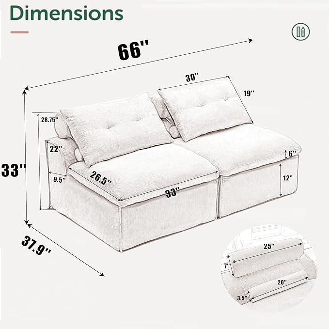 2 Seats Modular Sectional Couches with Neck Pillow &amp Backrest Chenille Armless Upholstered Loveseat Sofa Chair for Living Room Apartment At Will DIY (Light Grey)
