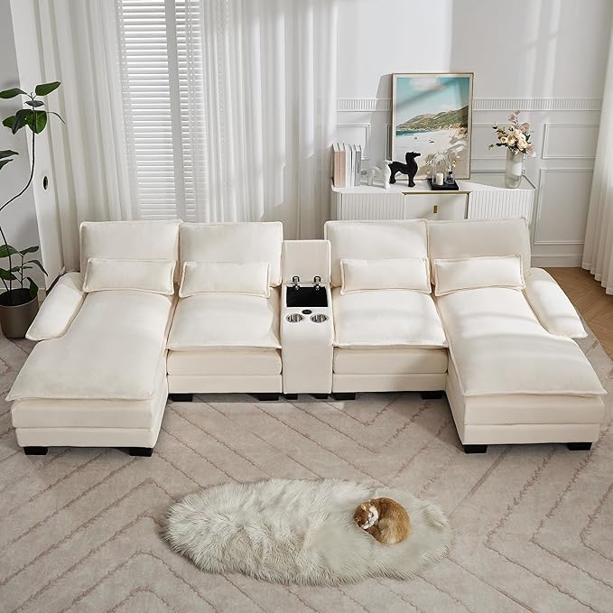 125'' U Shaped Cloud Modular Sectional Sofa with Chaise Lounges Chenille Upholstered Comfy Couch with Storage Console USB Charging Ports &amp Cup Holders Small Deep Seat Sofa for Living Room Beig