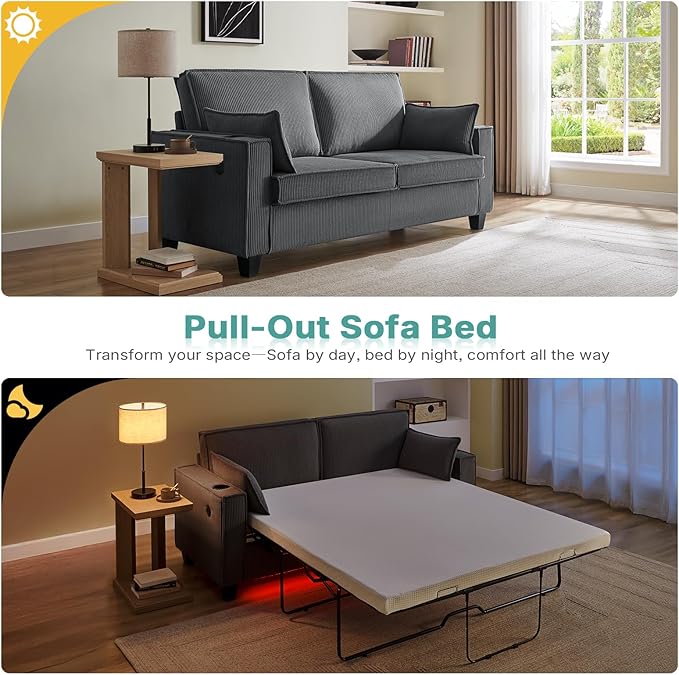 2-in-1 Pull Out Sofa Bed 88 Queen Size Sleeper Sofa Corduroy Convertible Loveseat Sleeper for Living Room Guest Room Apartment Home Office（Grey）