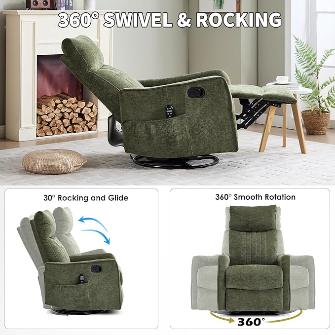 Swivel Rocker Recliner Chair 360° Swivel Recliner with Heat and Massage Rocker Recliner Nursery Glider Chair with Side Pockets for Living Room (Olive Green Fabric)