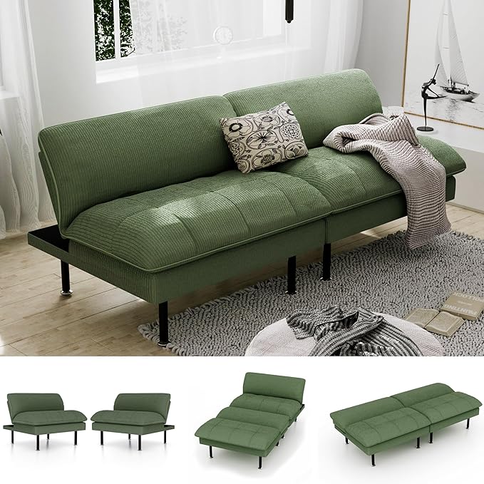 70 Futon Sofa Bed 4 in 1 Multi-Function Couch Sleeper with Adjustable Backrest Modern Convertible Futon Recliner Small Loveseat for Living Room Dorm Green