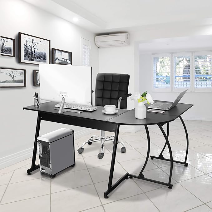 Super Deal L-Shaped Corner Desk Computer Gaming Desk - 58 Inch Modern Home PC Table Office Writing Workstation Black