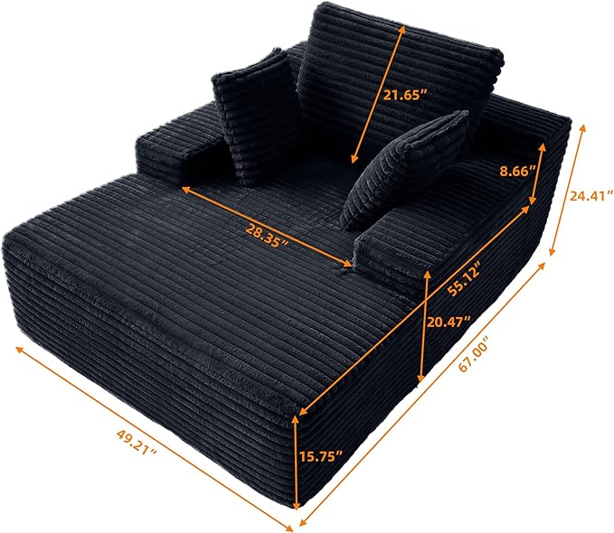 JACH 67 Oversized Boneless Sofa Bed Corduroy Sleeper Couch Lounge Chair Modern Comfy Deep Seat Lazy Sofas for Living Room Movie Room Game Room Small Space No Assembly (Black)