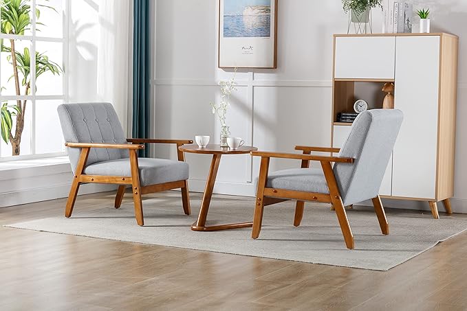 QiMaieeUSA Mid Century Modern Accent Chairs Set of 2 with Side Table Wood and Fabric Armchairs Side Chair Lounge Reading Comfy Arm Chair for Living Room Bedroom Office