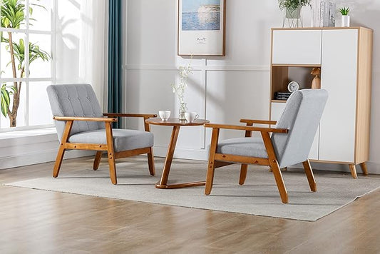 QiMaieeUSA Mid Century Modern Accent Chairs Set of 2 with Side Table Wood and Fabric Armchairs Side Chair Lounge Reading Comfy Arm Chair for Living Room Bedroom Office