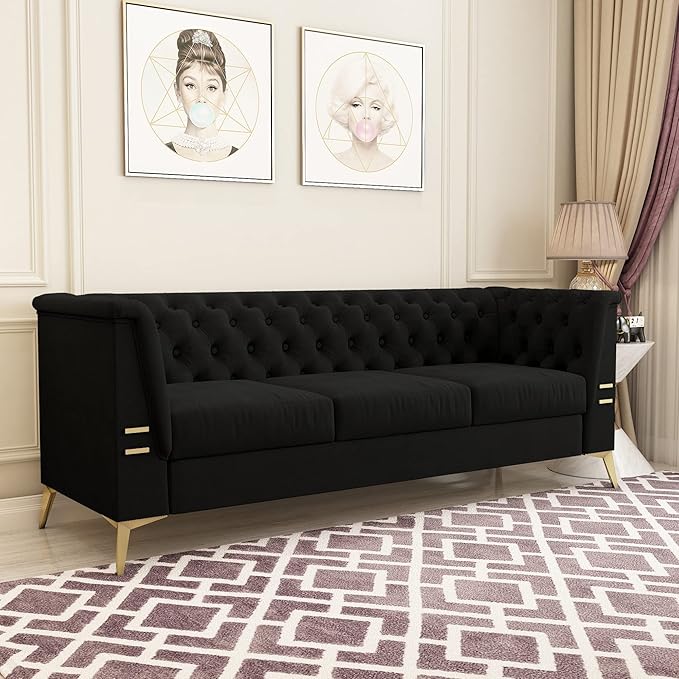 WILLIAMSPACE Chesterfield Black Sofa 3 Seater Velvet Couches Upholstered Tufted Sectional Sofa for Living Room/Office/Apartment