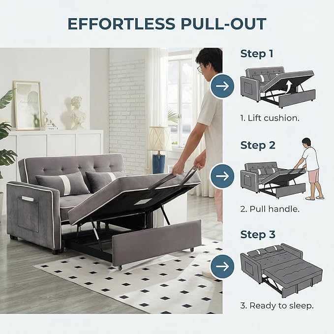 Convertible Velvet Sofa Bed with Pull-Out Bed &amp Side Storage Pockets Modern Sleeper Sofa for Living Room Apartment Small Spaces and Bedroom (Grey-1)