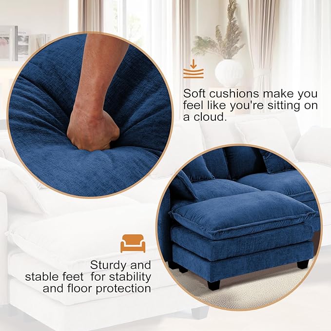 Furniliving Oversized Accent Chair with Ottoman Luxury Chenille Single Sofa Upholstered Deep Seat Chaise Lounge with Pillows for Living Room Bedroom Apartment Blue