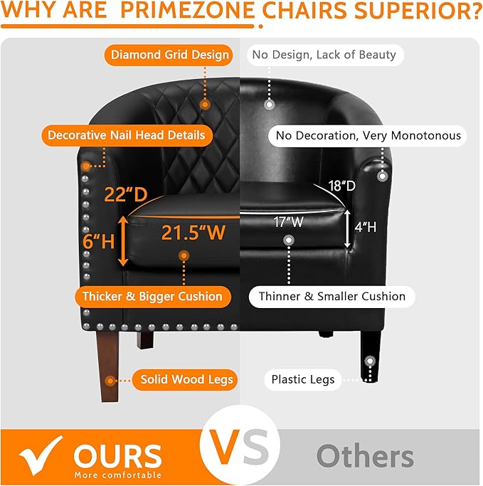 PrimeZone Barrel Chair Set of 2 Comfy Accent Chair Faux Leather Living Room Chairs Club Chair with Cushion Nailhead Trim and Diamond Grid Backrest Reading Chair for Bedroom Waiting Room Black