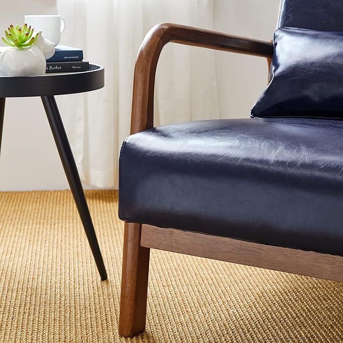 Glitzhome 2 Set Mid Century Navy Blue Accent Armchair Single Reading Armchair PU Leather Lounge Chair with Walnut Ruberwood Frame