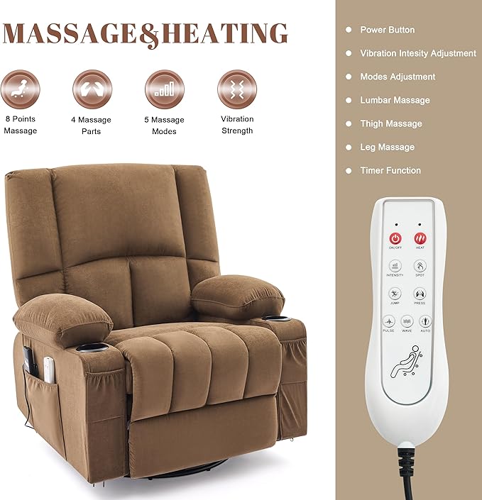 Oversized Recliner Chairs for Adults 270° Swivel Rocker Recliner with Heat and Massage Lazy Boy ReclinerRecliner Chairs Single Sofa Seat with Cup Holders (BrownElectric)