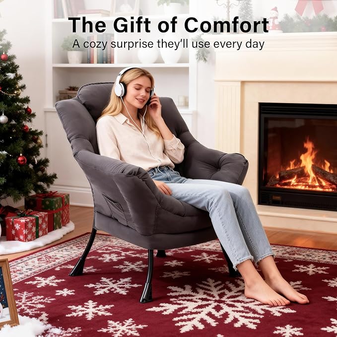 Lazy Chair Modern Accent Chair with Armrests Side Pocket &amp Metal Frame Comfy Leisure Chair for Living Room Bedroom Dorm &amp Office Dark Grey