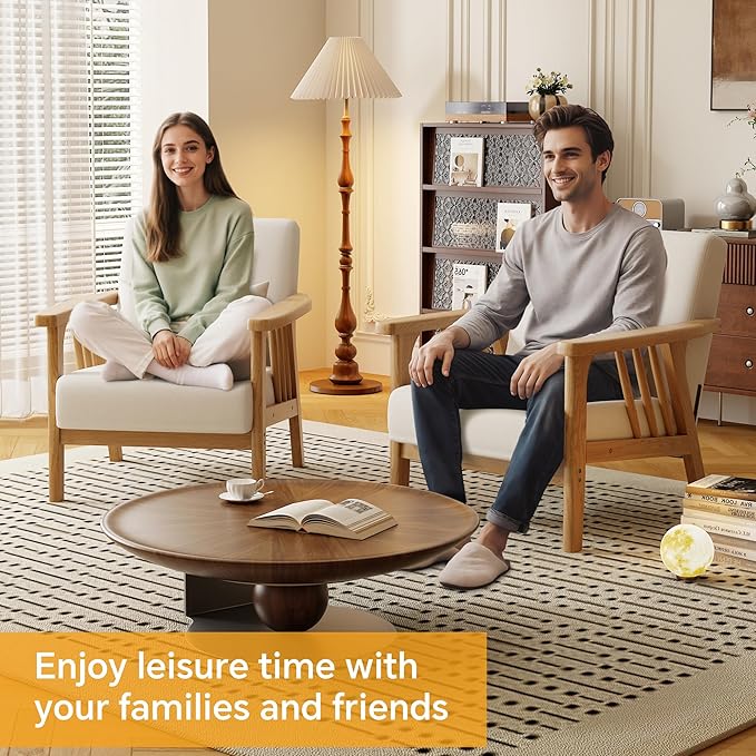 Solid Wood Accent Chair Mid-Century Modern Lounge Armchairs Fabric Upholstered Soft Comfy Living Room Chairs with Armrest Waist Cushion Pillow for Office Reading Waiting Room (Natural)