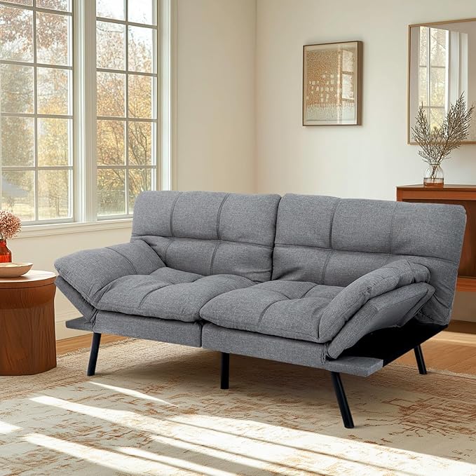 MUUEGM Futon Sofa Bed Modern Memory Foam Futon Couch Sleeper SofaLove seat Convertible Sofa with Adjustable Armrest Backrest for Compact Living Spaces71'' x33''x31.5''Linen FabricGrey