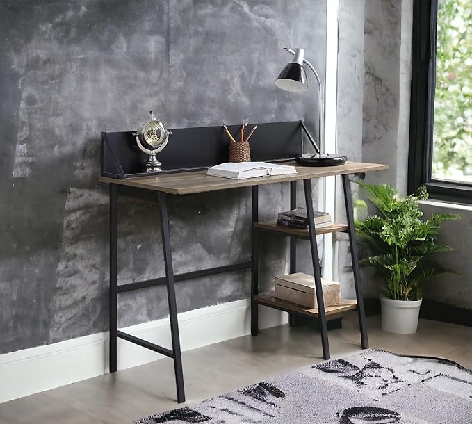 Penau Rustic Oak Writing Desk with Black Finished Legs 2-Tier Shelf Smartphone Holder Modern Design for Home Office