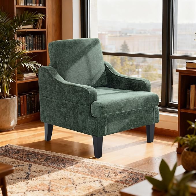 Accent Chair for Living Room Upholstered Living Room Chair with Side Pockets Comfy Accent Chairs for Bedroom Mid Century Modern Armchair for Office Apartment Waiting Room Club (Green)