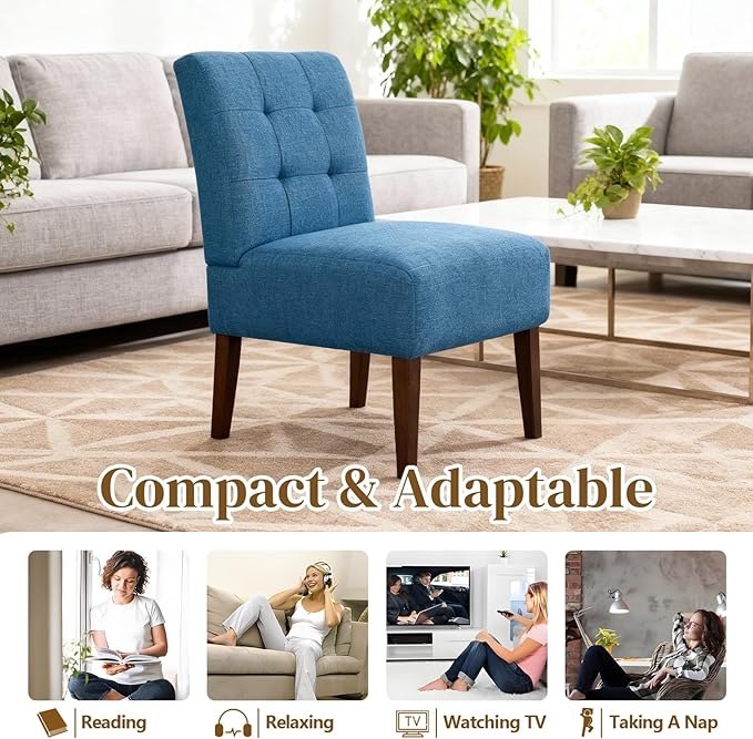 Anwick Blue Modern Accent Chair Mid Century Upholstered Living Room Chair with Wood Legs Comfy Small Accent Chair with Back for Small Spaces Office Bedroom Reading Spaces (Blue1)