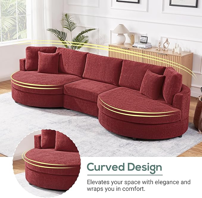 Merax 129 inches 3-Seater Curved Chenille Sofa Modern Upholstered Living Room Couch with Thick Cushions Includes 2 Throw Pillows Easy Assembly Red