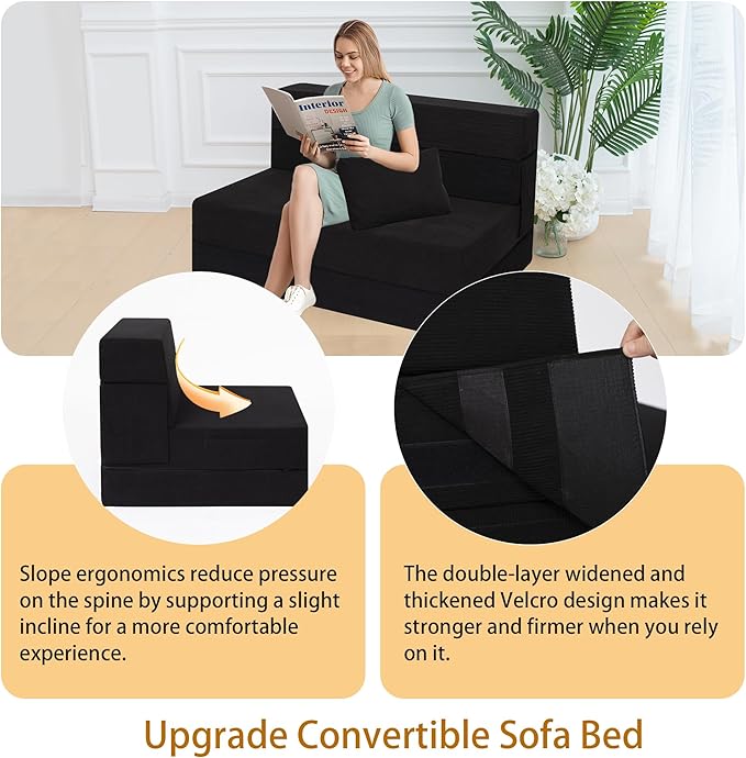 Sofa Bed Foldable Mattress Folding Sleeper Sofa Chair Bed Floor Mattress with Pillow for Living Room Home Office (Black-Corduroy Twin)