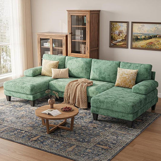 Sectional Couches for Living Room | 112 Inch U-Shaped Sectional Couch | 4 Seat Sofa Set with Double Chaise for Apartment | Green Chenille