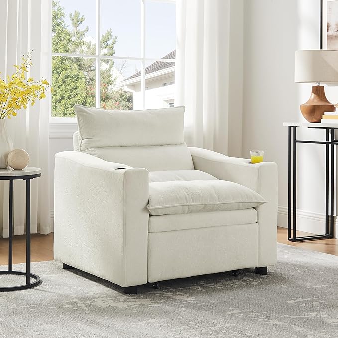 SLEERWAY 3 in 1 Convertible Sleeper Sofa Bed 36.14 W Easy Pull Out Chair Bed with Dual Cup Holders Comfy Thick Padding Futon Love Seat with Adjustable Backrest for Living Room Small Space (Beige)