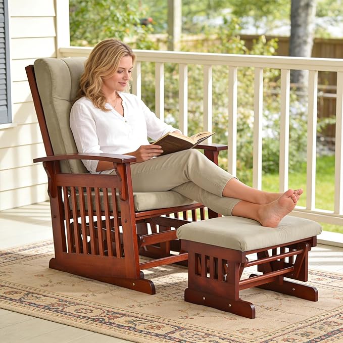Solid Wood Glider Rocking Chair and Ottoman Set Rustic Nursery Glider Rocker with Padded Cushion Smooth Rocking Motion Indoor Living Room NursingNappingReading Brown