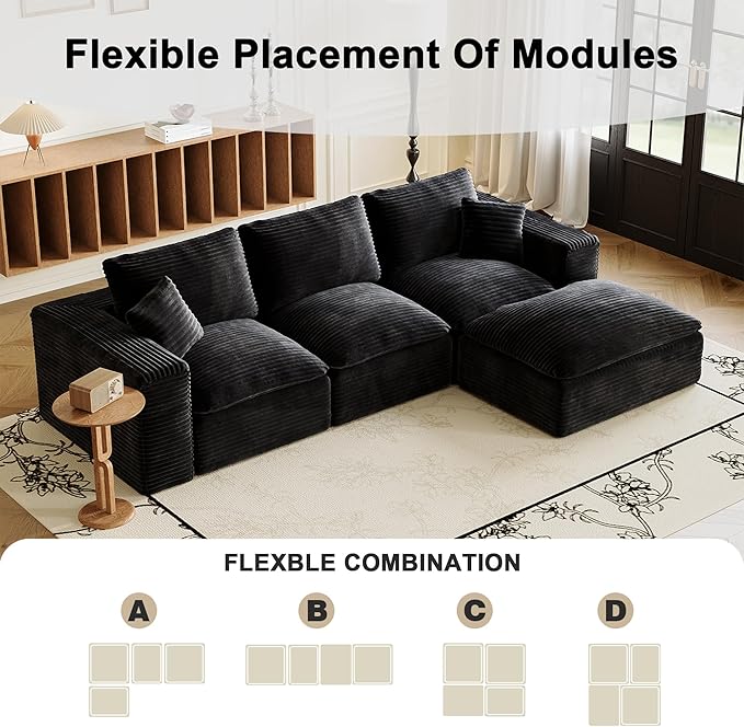 108'' Modular Sectional Sofa with Ottoman Corduroy Cloud Sectional Couches for Living Room High-Back Modern L Shaped Boneless Couch Deep Seat 3 Seater Sofa No Assembly Required Black