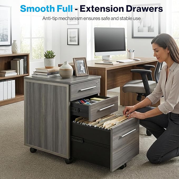 NBF Office Files Pedestal Cabinet - 3 Drawer File Cabinet with Lock - Laminate Office Filing Cabinets - Modern Mobile File Cabinet Document Storage (26 H Warm Ash)