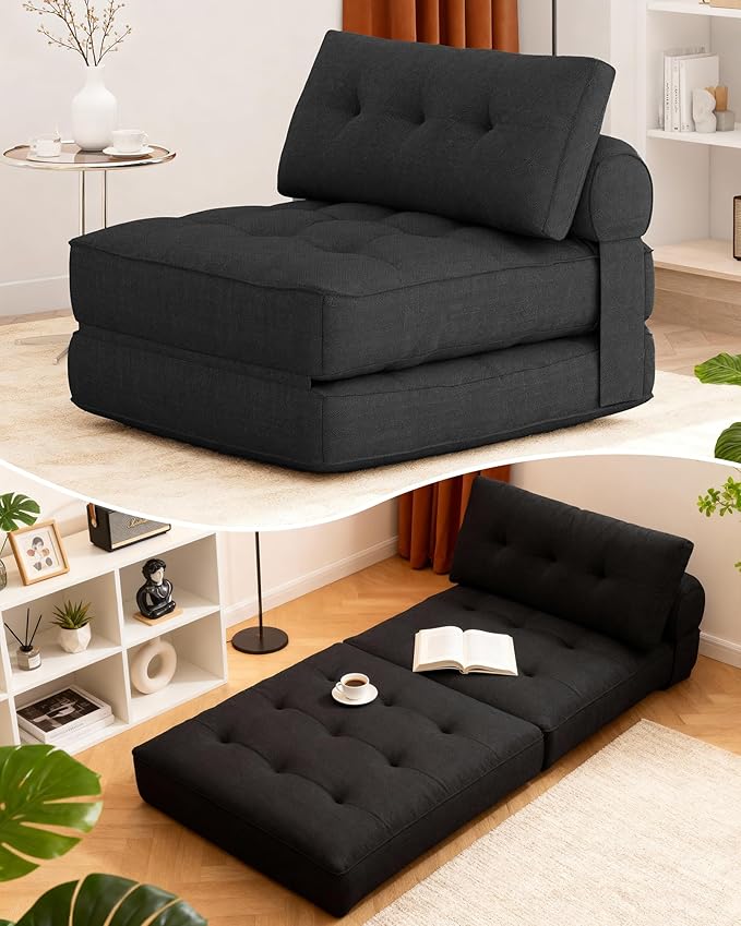 KINGYES Folding Chair Bed 3 in 1 Convertible Sleeper Chair with Pillow Foldable Futon Chair for Living Room Black
