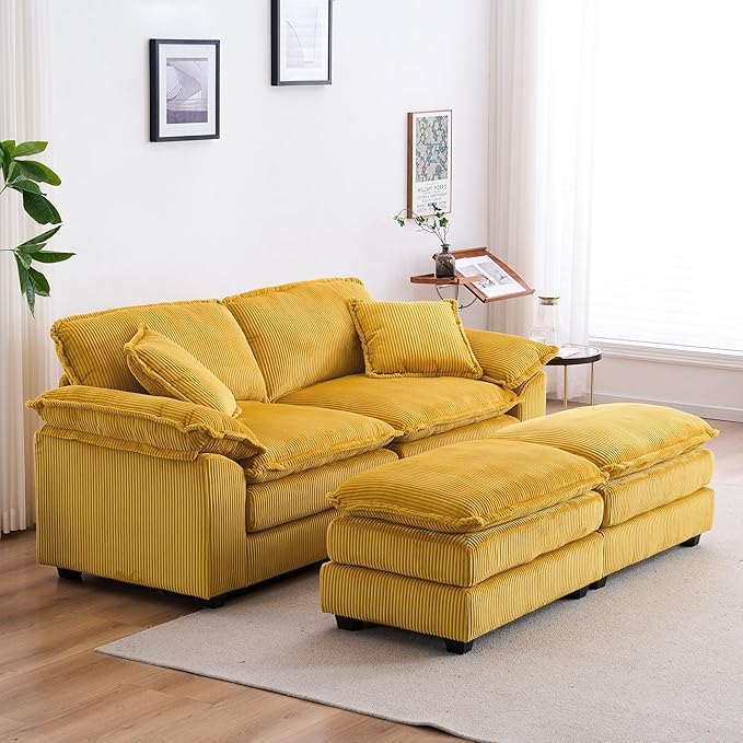 84.6” Corduroy Loveseat with Ottoman Oversized Double Chaise Lounge Chair Indoor Deep Seat Two Seater Couch Cloud Couch Modular Sectional Sofa for Living Room(Corduroy Yellow)
