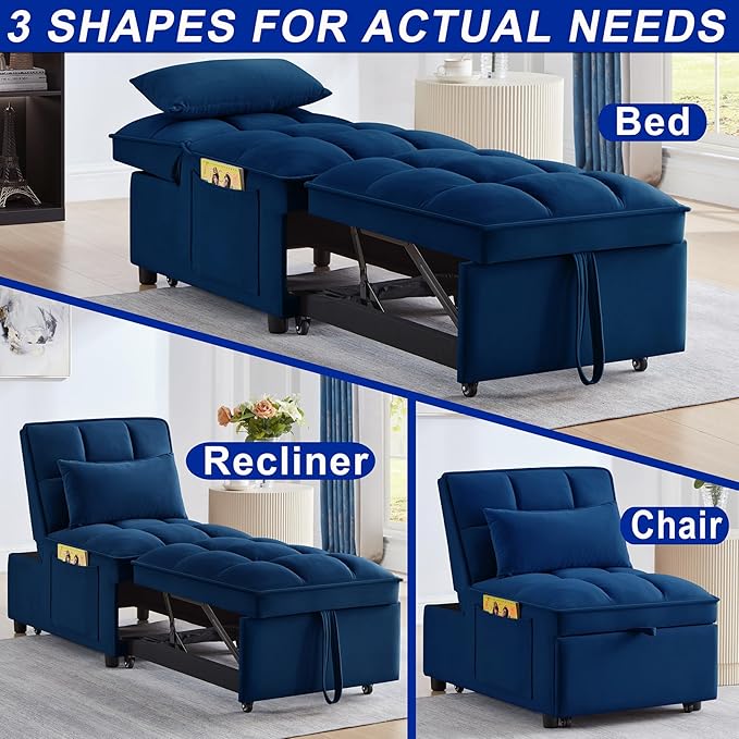 4 in 1 Sleeper Chair with Pullout BedConvertible Lazy Sleeper Sofa Chair withStorage Pockets &amp Adiustable Backrest forLiving Room (Navy)