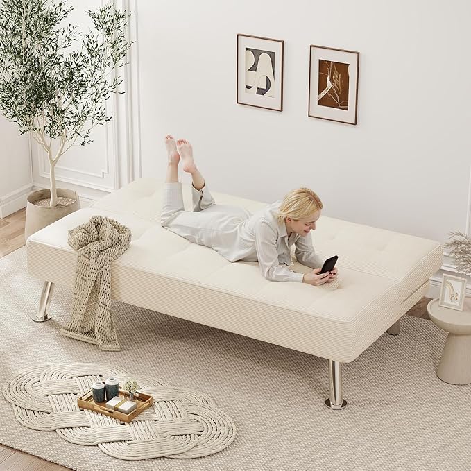 Furnimart Futon Sofa Bed 66 Corduroy Convertible Futon Couch with 3-Position Adjustable Backrest Solid Wood Frame Sleeper Sofa for Small Space Living Room Apartment Office Beige