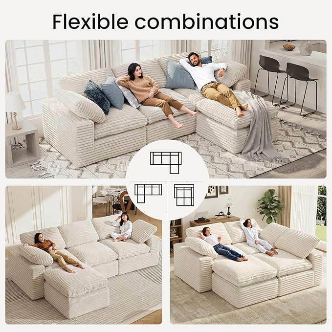 KKL 118 L Shaped Sectional Modular Boneless Sofa 4 Seater Cloud Couch with Ottoman Corduroy Sectional Couches for Living Room Bedroom Beige