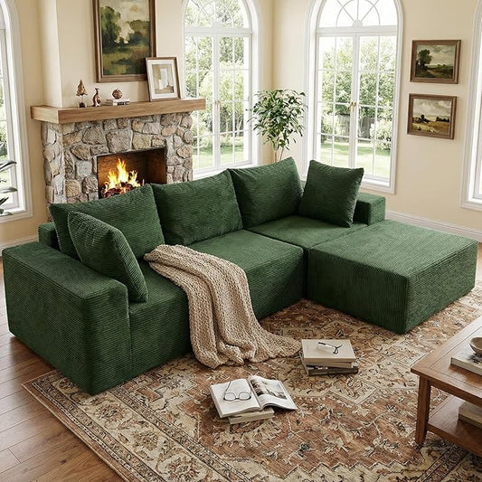 INGEROOM 108 Cloud Sectional Couch with L-Shape Chaise Modular Sofa Memory Foam Boneless Sofa with Movable Ottoman Plush Corduroy Memory Foam Couch for Living Room No Assembly Forest Green