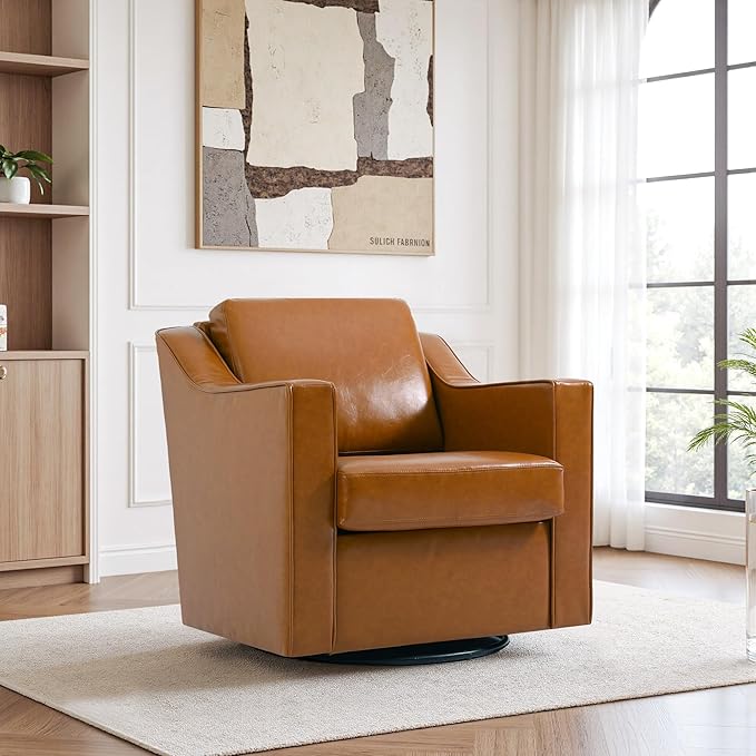 Swivel Accent Chair Modern Round Barrel Arm Chair for Living Room Bedroom Comfy Club Reading Chairs for Adults (Leather Brown Set of 2)