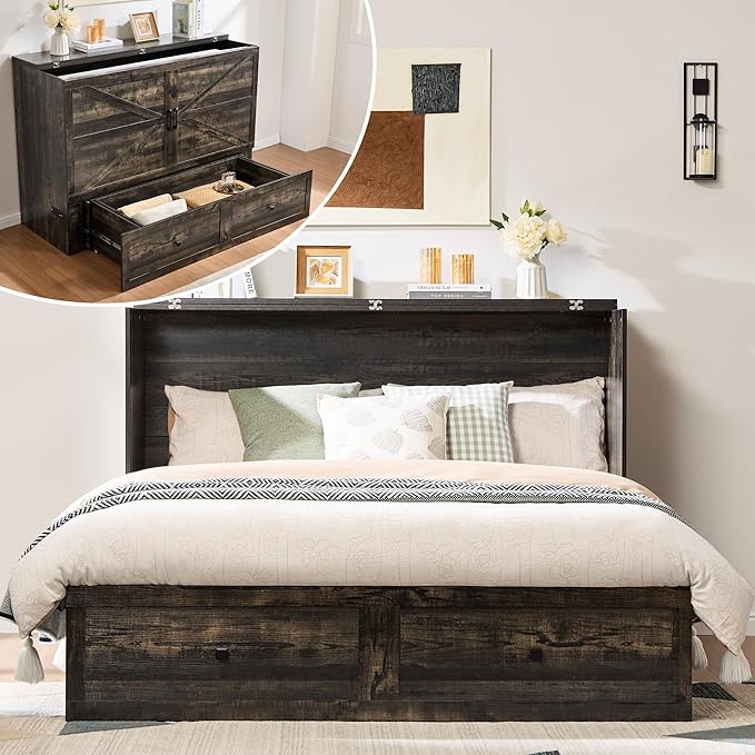 AMERLIFE Full Murphy Bed Cabinet with Charging Station and Storage Farmhouse Foldable Platform Bed for Guest Room Office Small Spaces Black Oak
