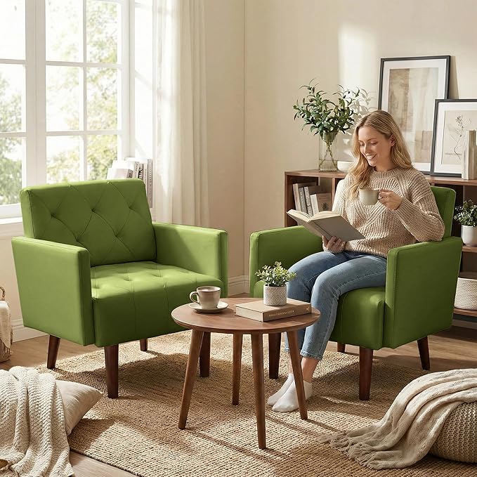 Faux Leather Accent Chair Modern PU Armchair Retro Tufted Upholstered Arm Chair Comfy Leather Club Chair Single Sofa for Living Room Bedroom Reading Room Apartment(Green)