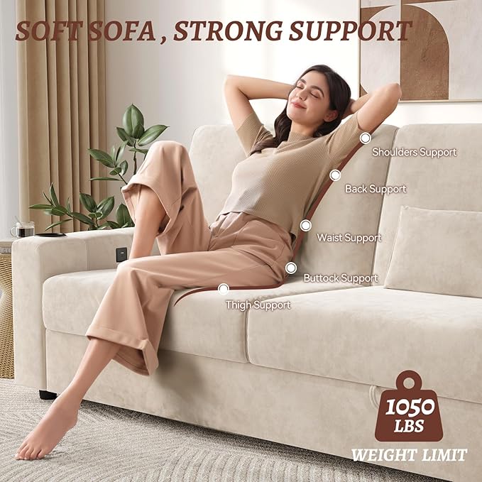 75 Inch Loveseat Sofa Velvet Fabric Couch with Storage Cup Holder Charging Ports Heightened Backrests Removable Cover Modern Comfy Couches Easy Assembly for Small Spaces Apartment