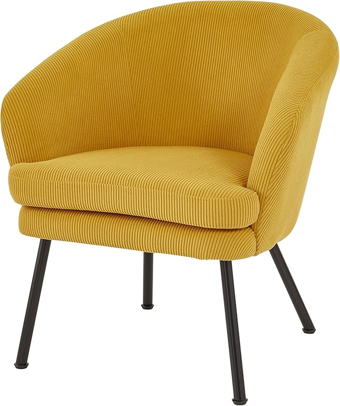 Modern Corduroy Accent Chair with Channel Back Design Black Metal Legs and Soft Upholstery Comfortable Seating for Living Room Bedroom or Office Yellow